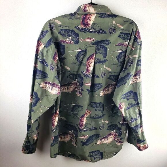 Men's The North River Green Button Up Long Sleeve Bass Fish Shirt Size Large - Picture 3 of 11